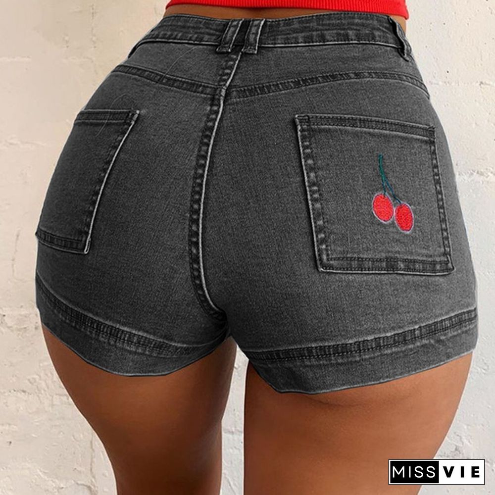 New Cherry Embroidery Summer Short Jeans Women's Fashion Slim Fit Denim Shorts