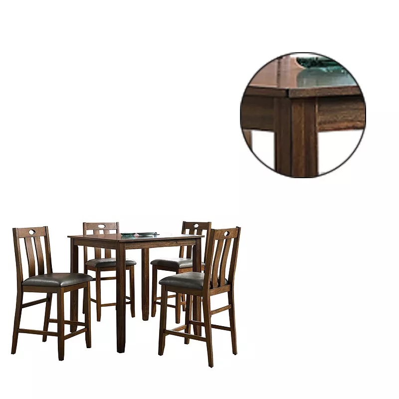 5 Piece Counter Height Wooden Dining Set with Padded Seat， Brown and Gray