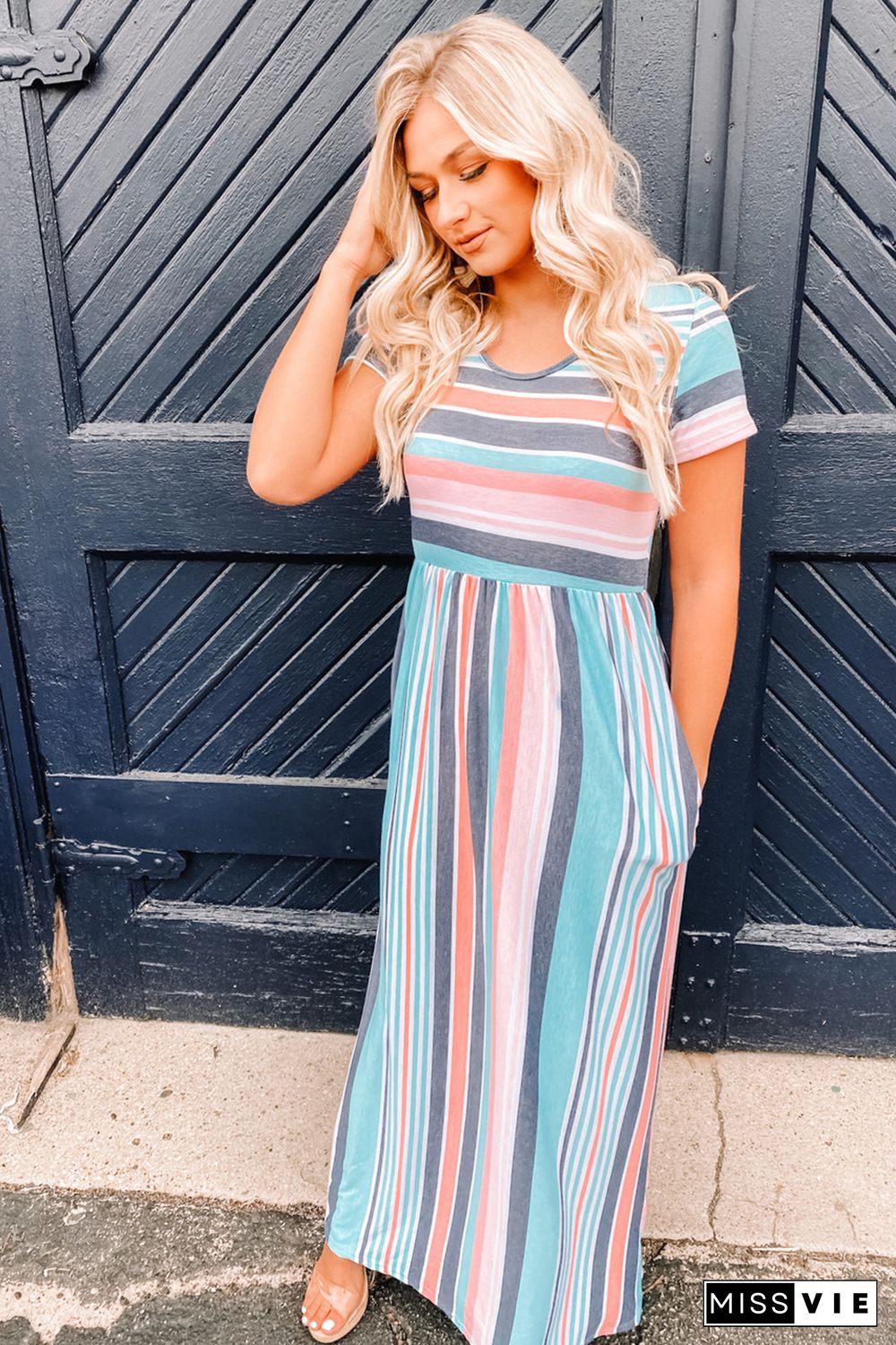 Striped Print Short Sleeve High Waist T Shirt Dress with Pockets