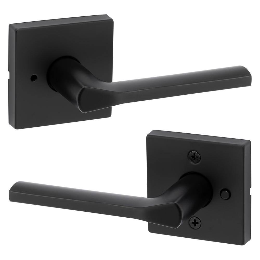 Kwikset Lisbon Square Matte Black Privacy BedBath Door Handle with Lock 730LSLSQT5146ALRCS