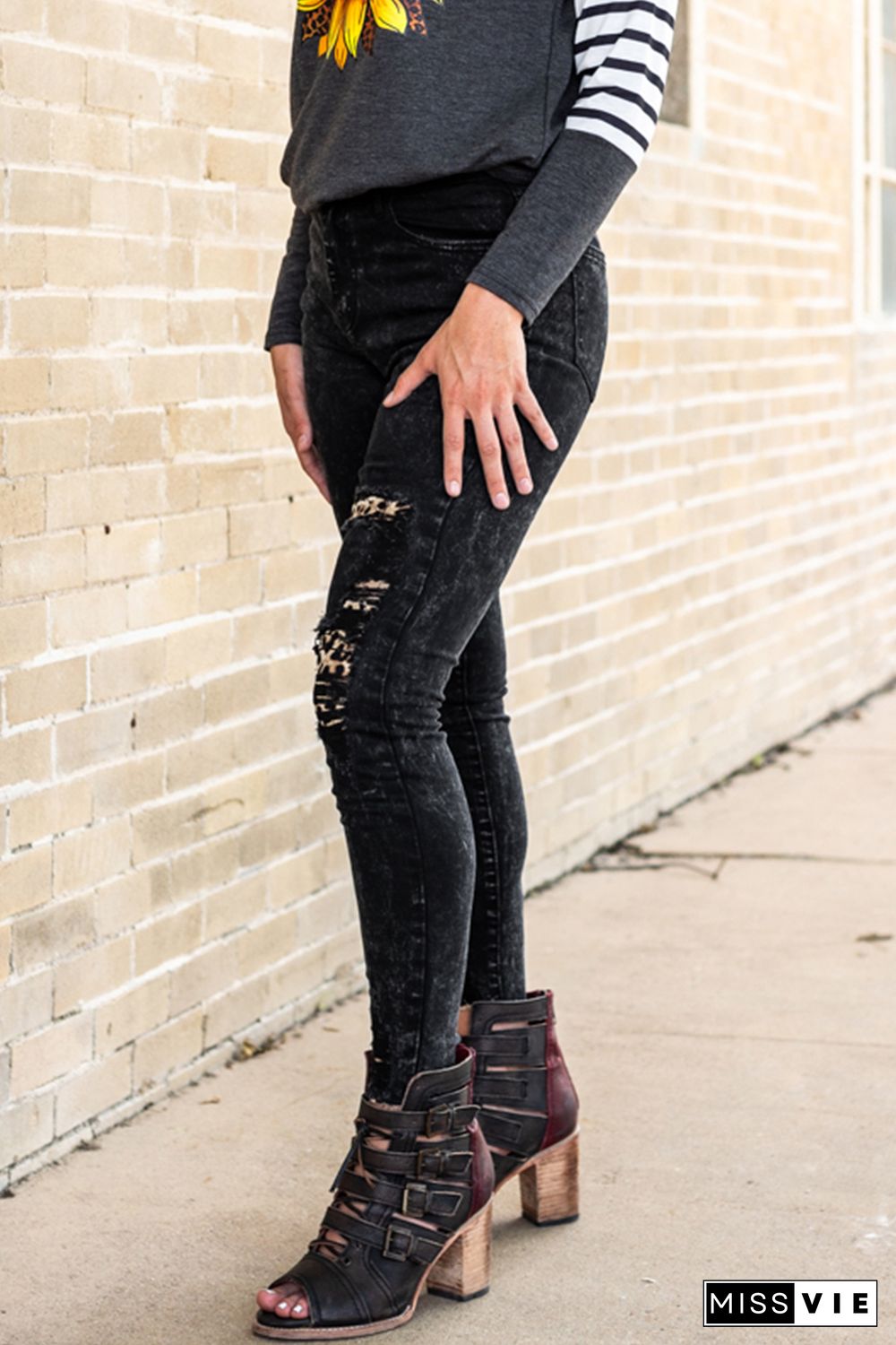 Leopard Patchwork Distressed Skinny Jeans