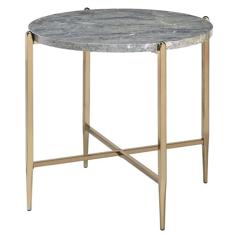 End Table with Oval Marble Top and X Shaped Support， Gray and Gold