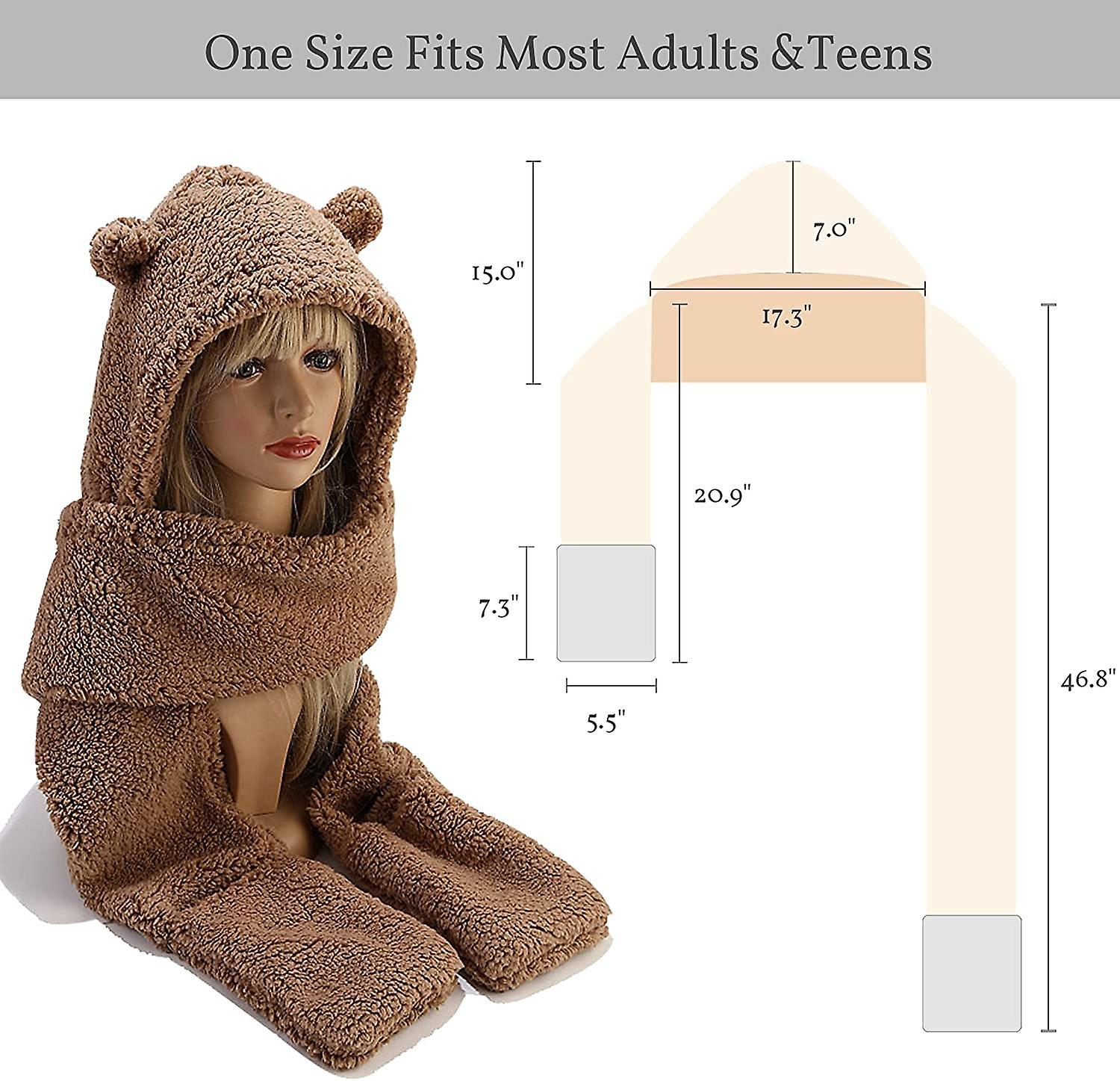 Winter Faux Fur Hood Hat Scarf And Gloves 3 In 1 Hooded Scarf For Women Men Ear Brown -