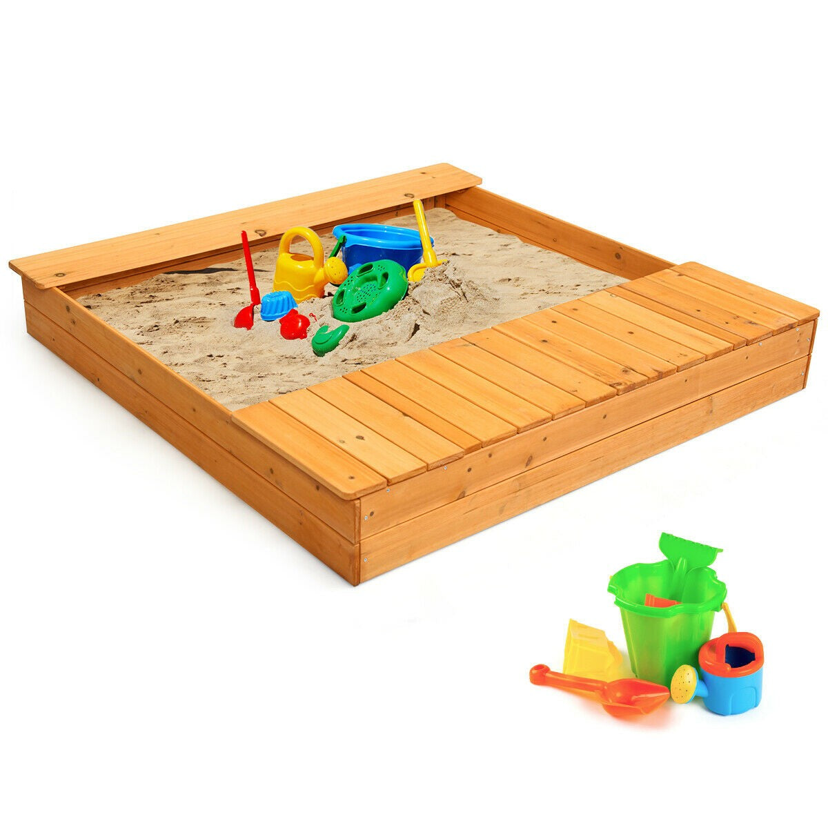 Kids Wooden Sandbox with Bench Seats & Storage Boxes