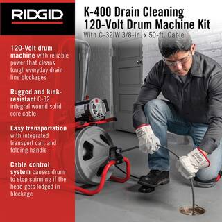 RIDGID K-400 Drain Cleaning Snake Auger 120-Volt Drum Machine with C-31IW 38 in. x 50 ft. Cable + 4-Piece Tool Set and Gloves 26993