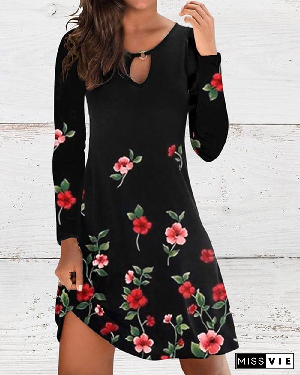 Printed Round Neck Long Sleeve Dress