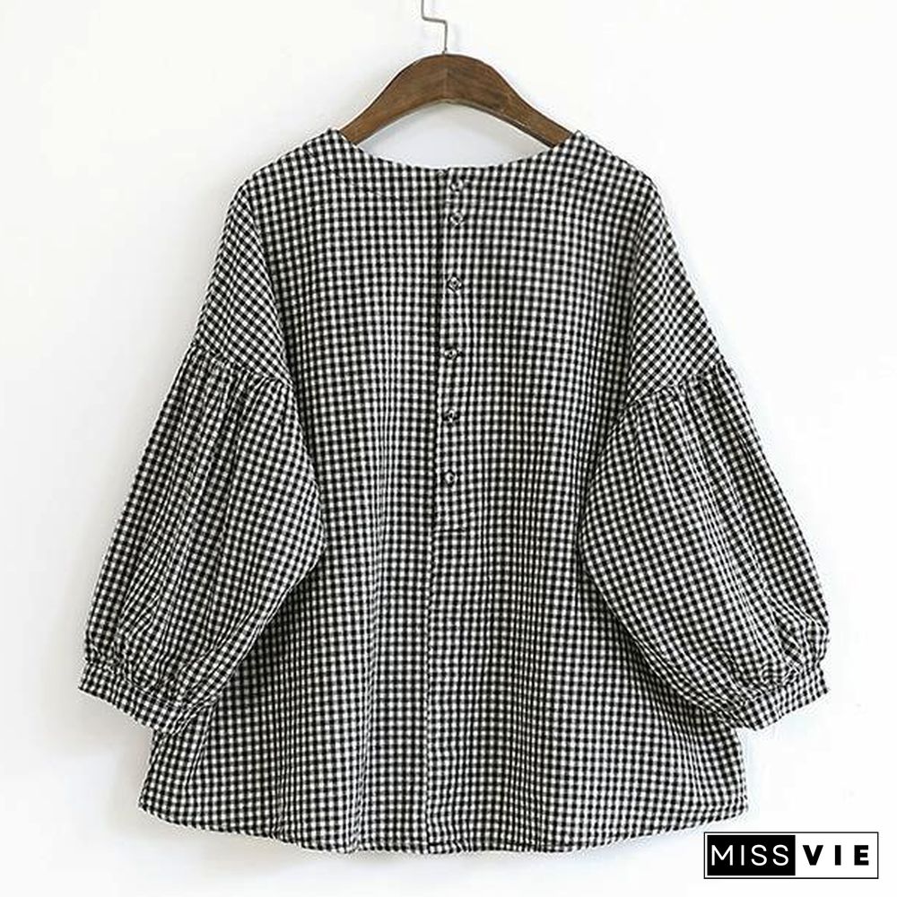 French Plaid Cotton Women Fine Sewing Asymmetric Plus Size Clothing Blouse