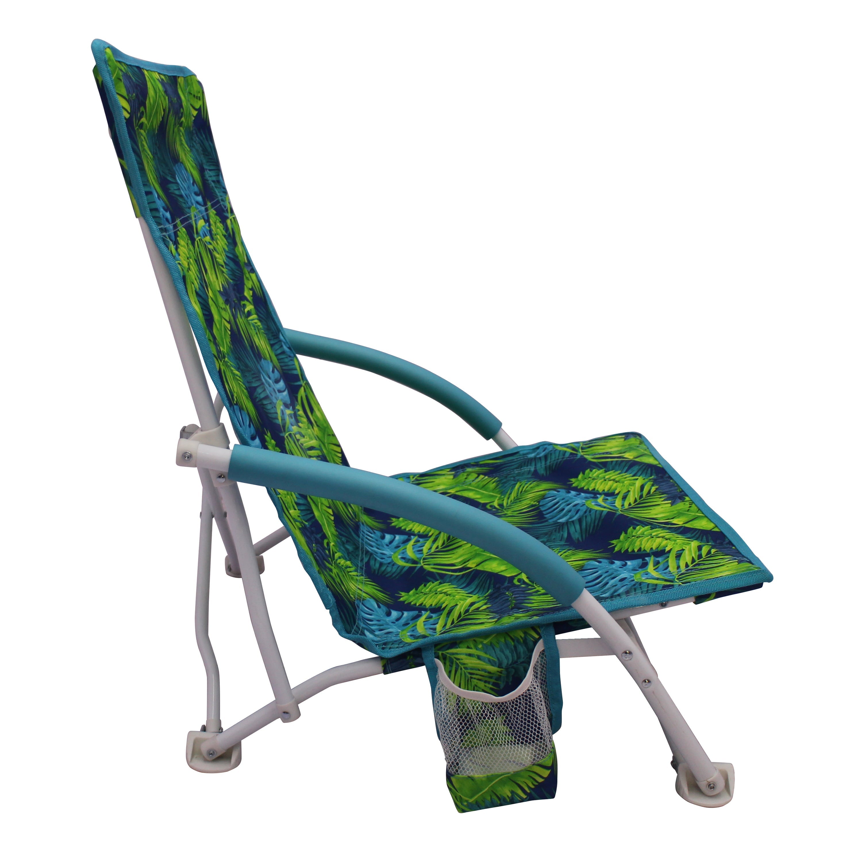 Mainstays Folding Low Seat Soft Arm Beach Bag Chair with Carry Bag, Green Palm