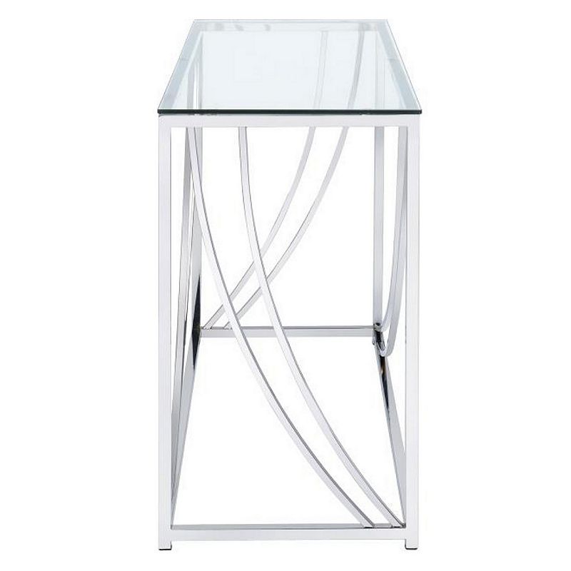 Glass Top Rectangular Sofa Table with Swooping  Curves， Clear and Silver