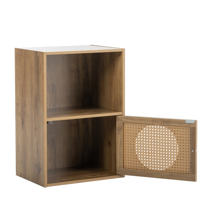 Grondin Boho Style Accent Floor Storage Cabinet with Rattan Doors  Bathroom Linen Cabinet with Open Storage for Home Office