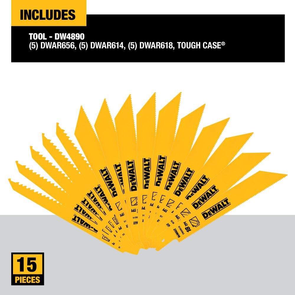 DEWALT Reciprocating Saw Blades Bi-Metal Tough Case Set 15pc DW4890 from DEWALT