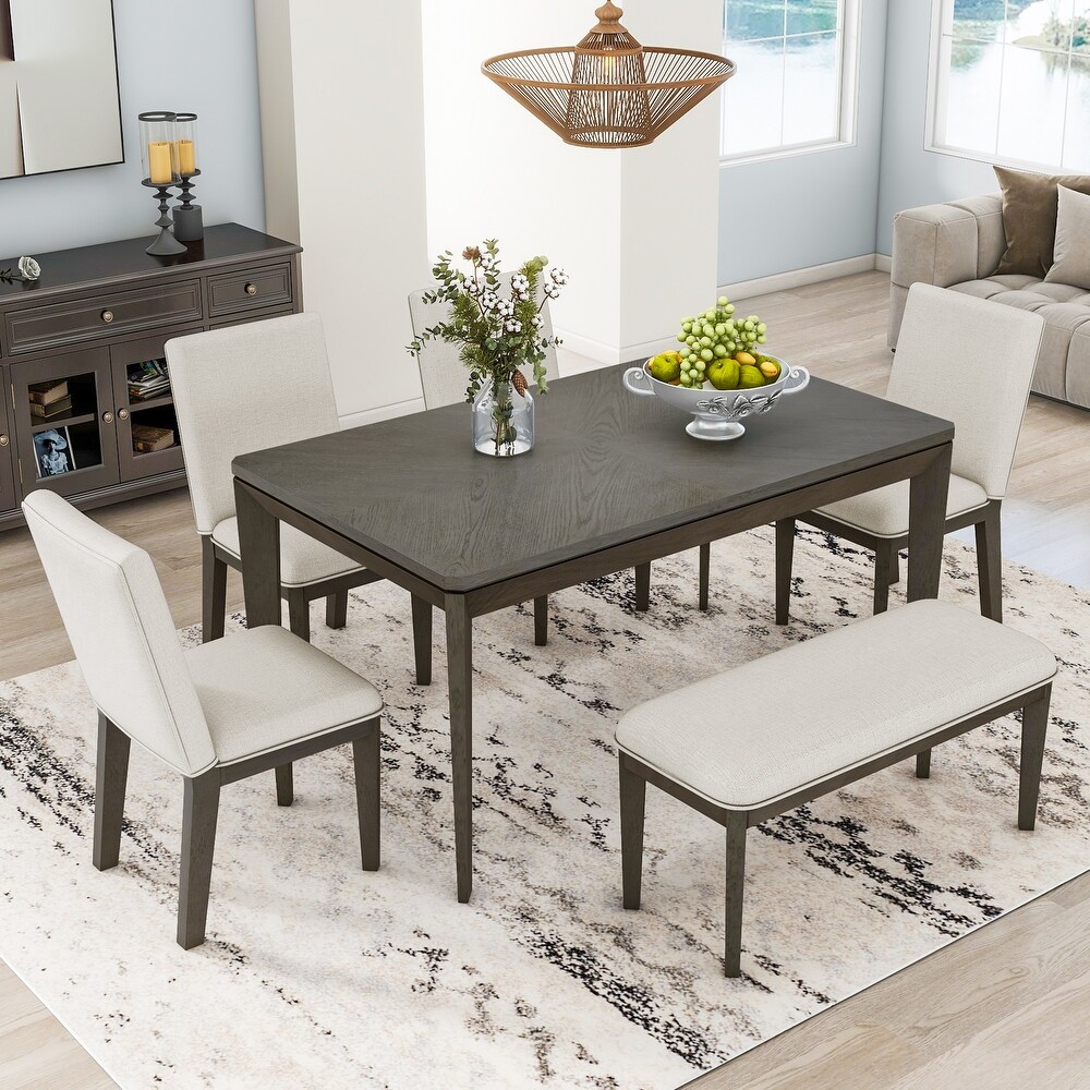 6 Piece Dining Wood Table Set with 4 Upholstered Dining Chairs and Bench  60\