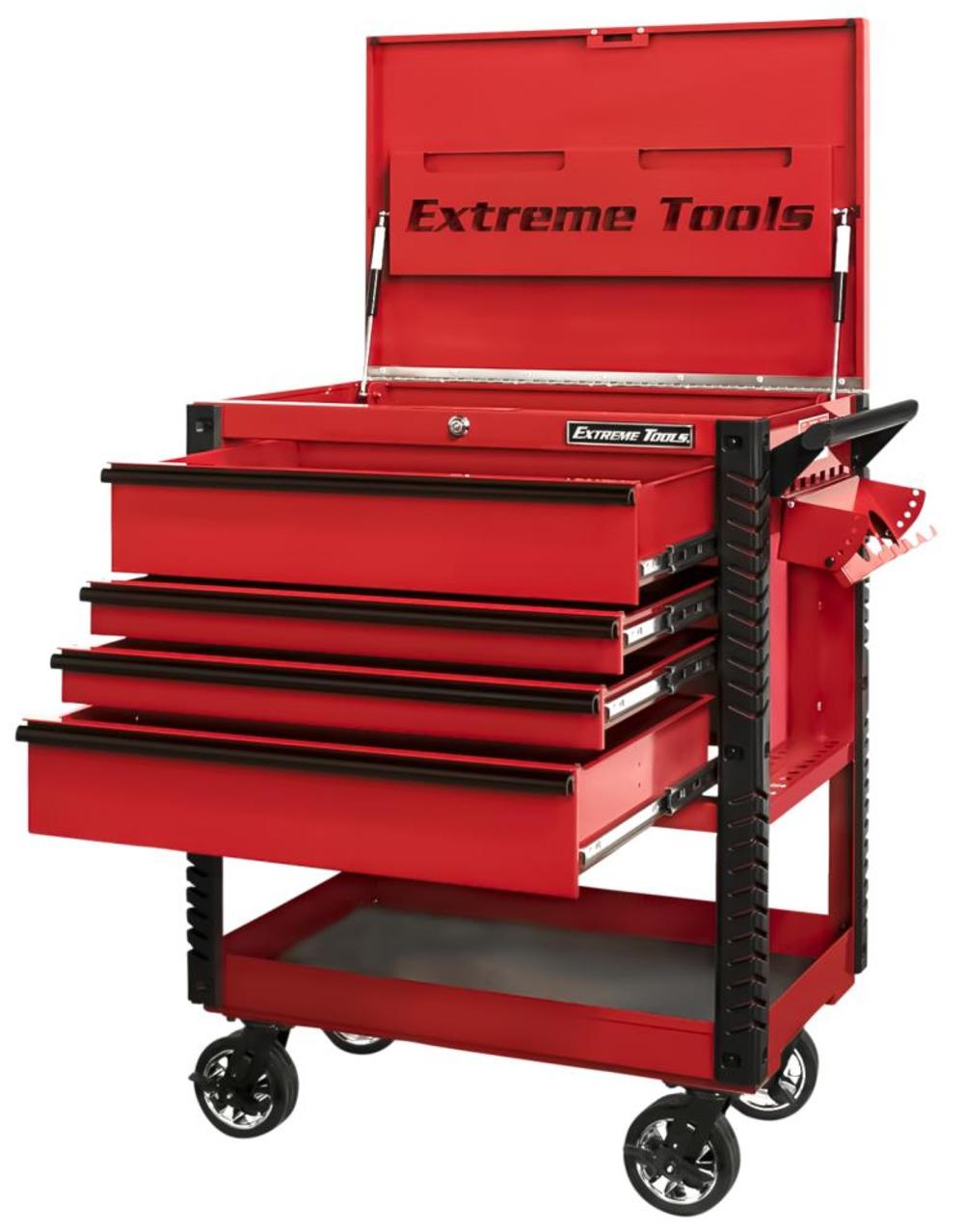 33 4 Drawer Deluxe Tool Cart with Bumpers， Red with Black Drawer Pulls