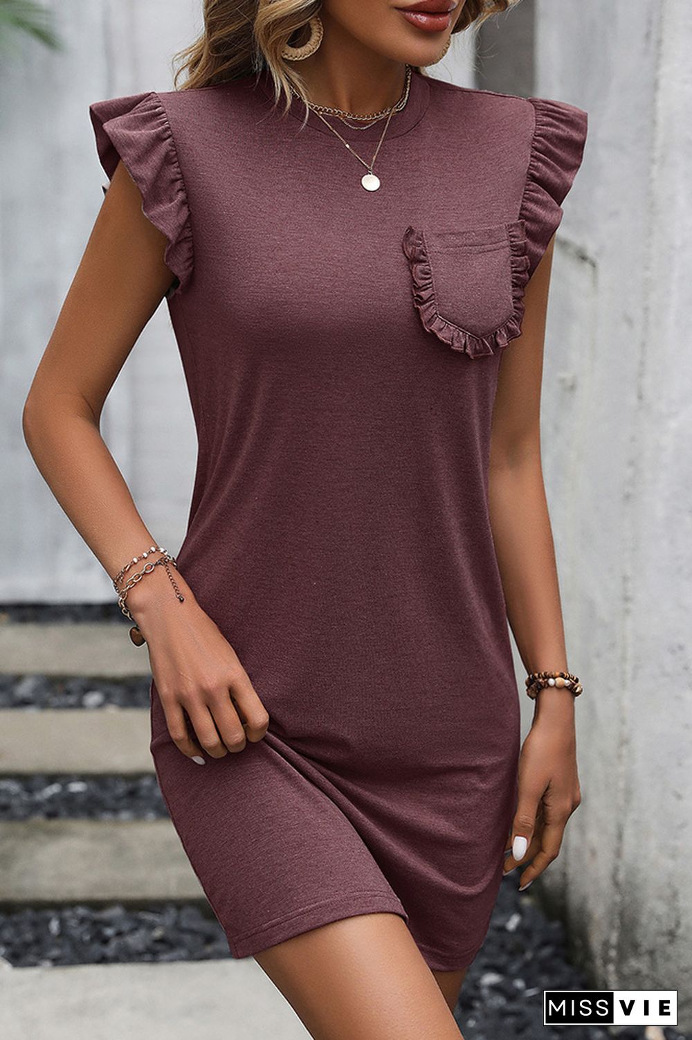 Plain Pocket Flutter Sleeves T-Shirt Dress