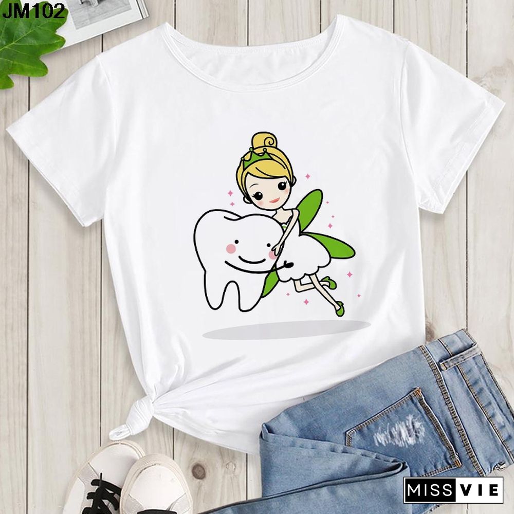 Aesthetic Funny Tooth Dentist Print Female Clothing T-shirt 90s Harajuku Kawaii O-neck Tshirt Summer Fashion Women's Top T Shirt