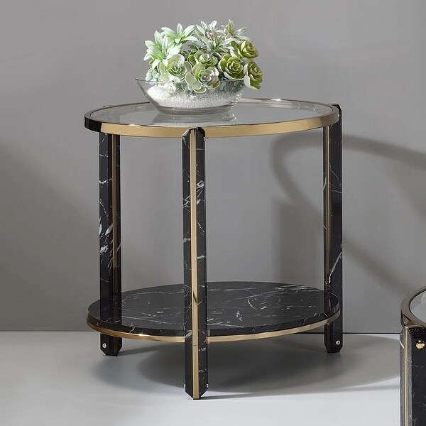 1 Tier Shelf Round Faux Marble Glass End Table in Black and Champagne