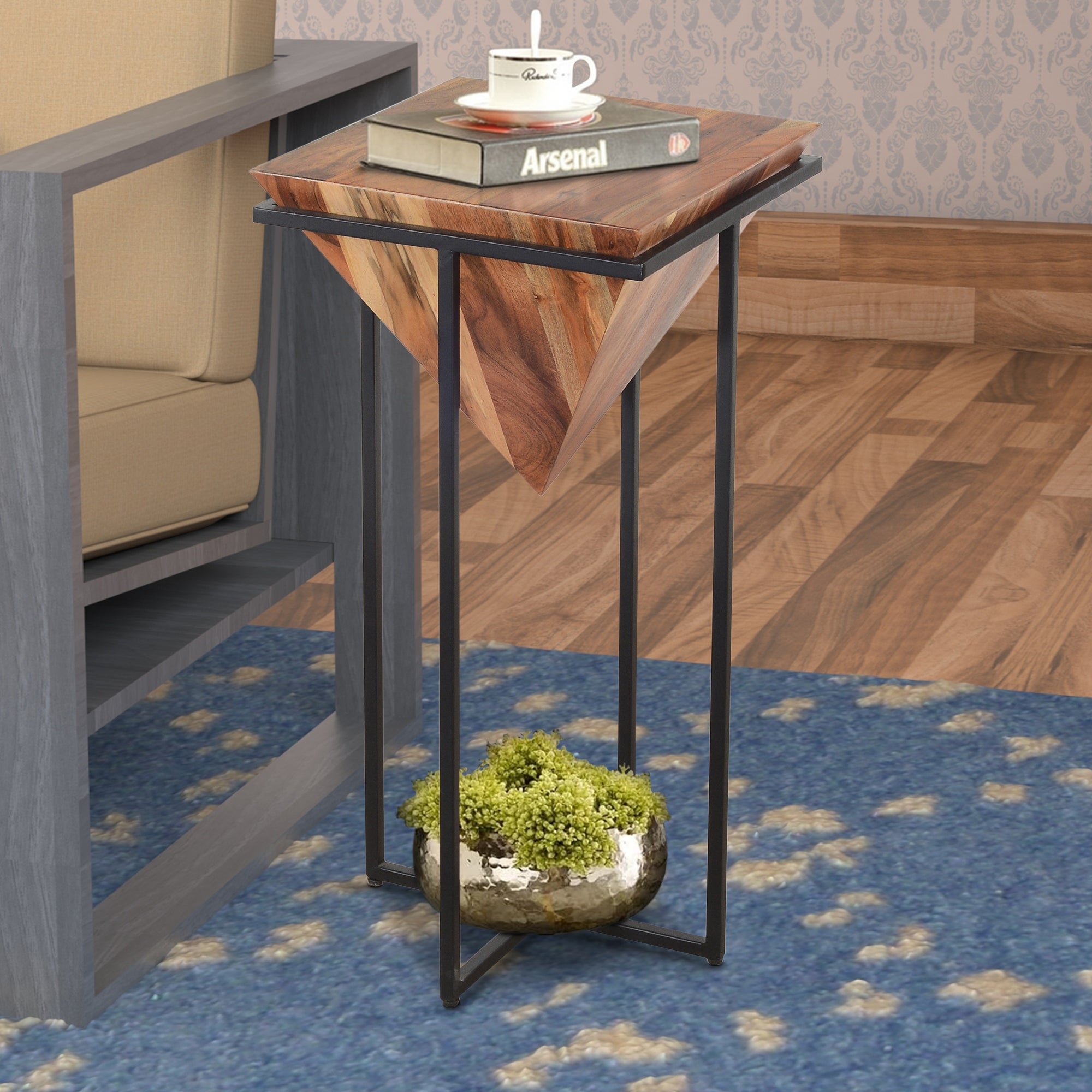 30 Inch Pyramid Shape Wooden Side Table With Cross Metal Base， Brown and Black