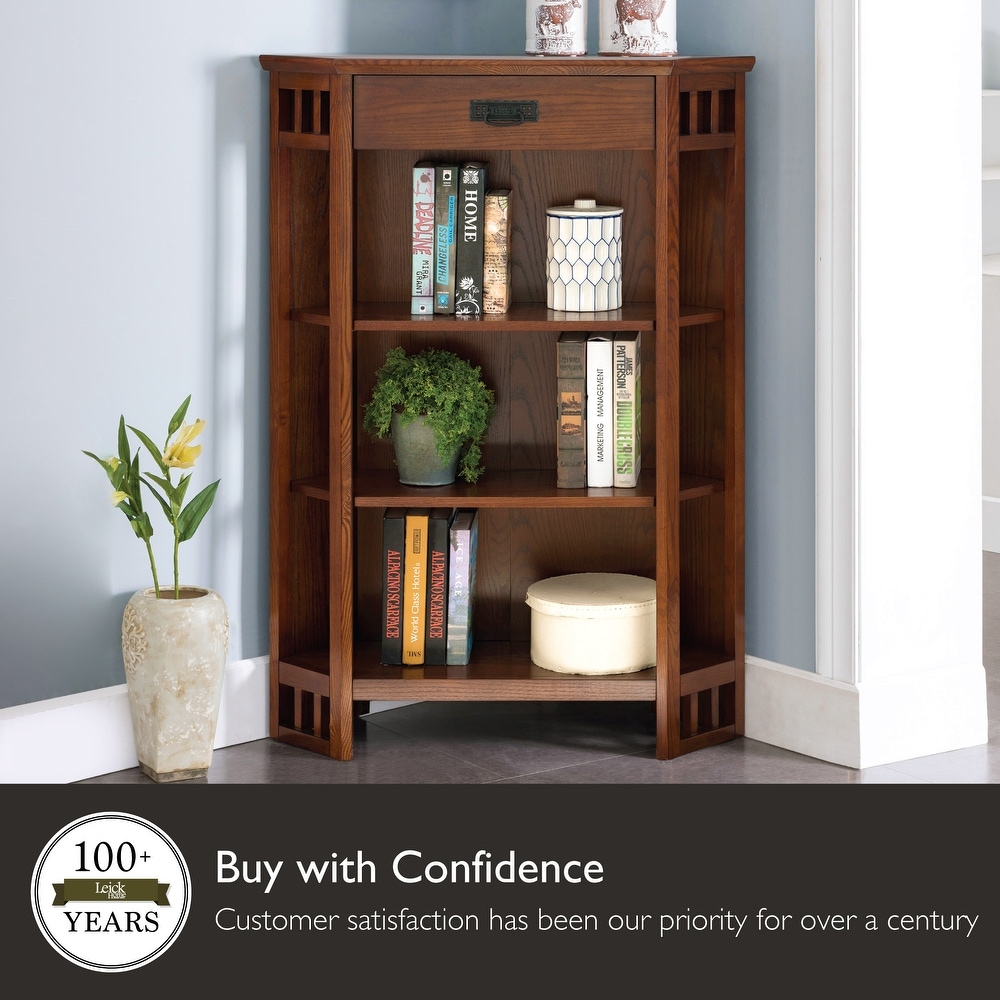 Leick Home Mission Mantel Height Corner Bookcase with Drawer Storage