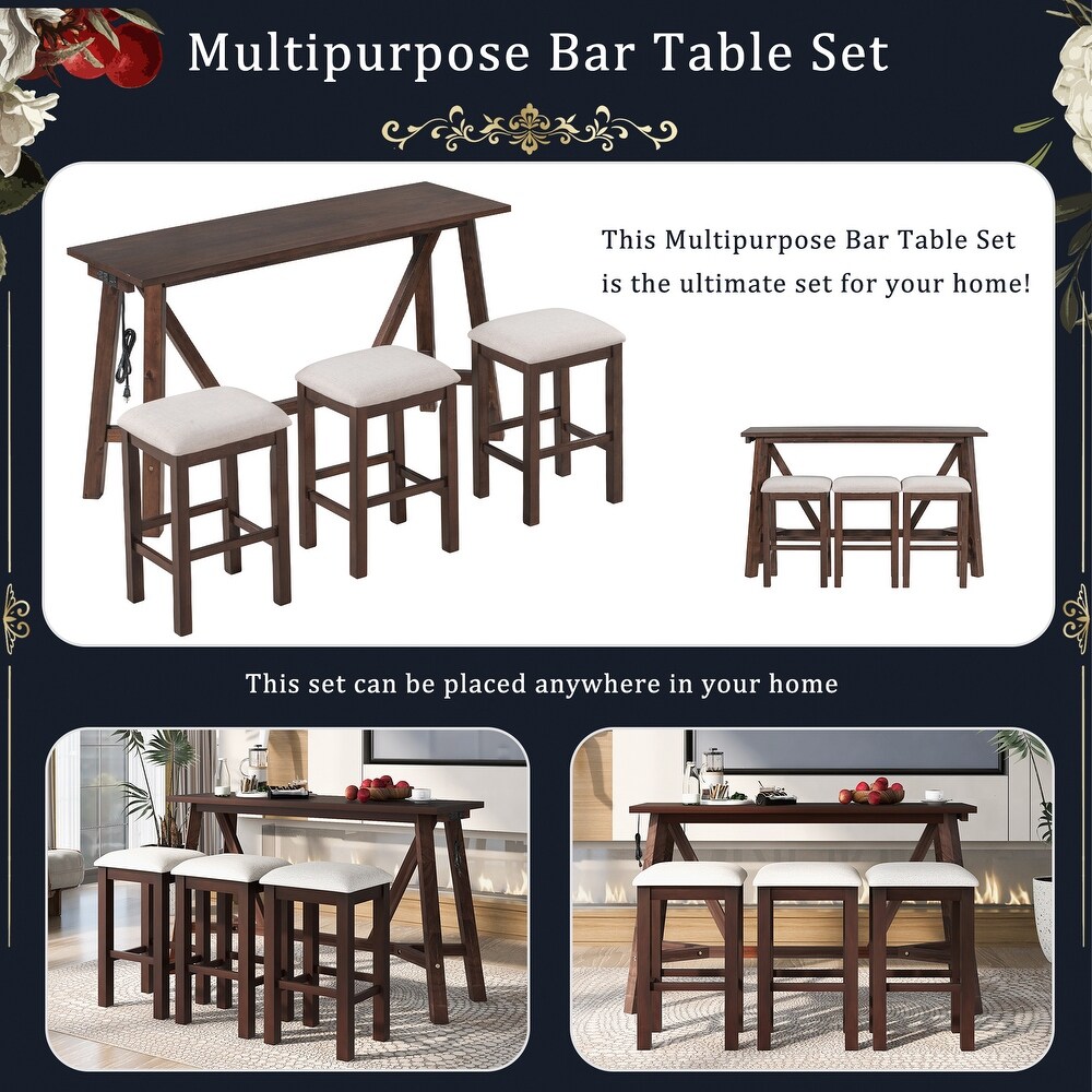 4 Piece Dining Table Set w/USB Ports   3 Upholstered Bar Stools Walnut