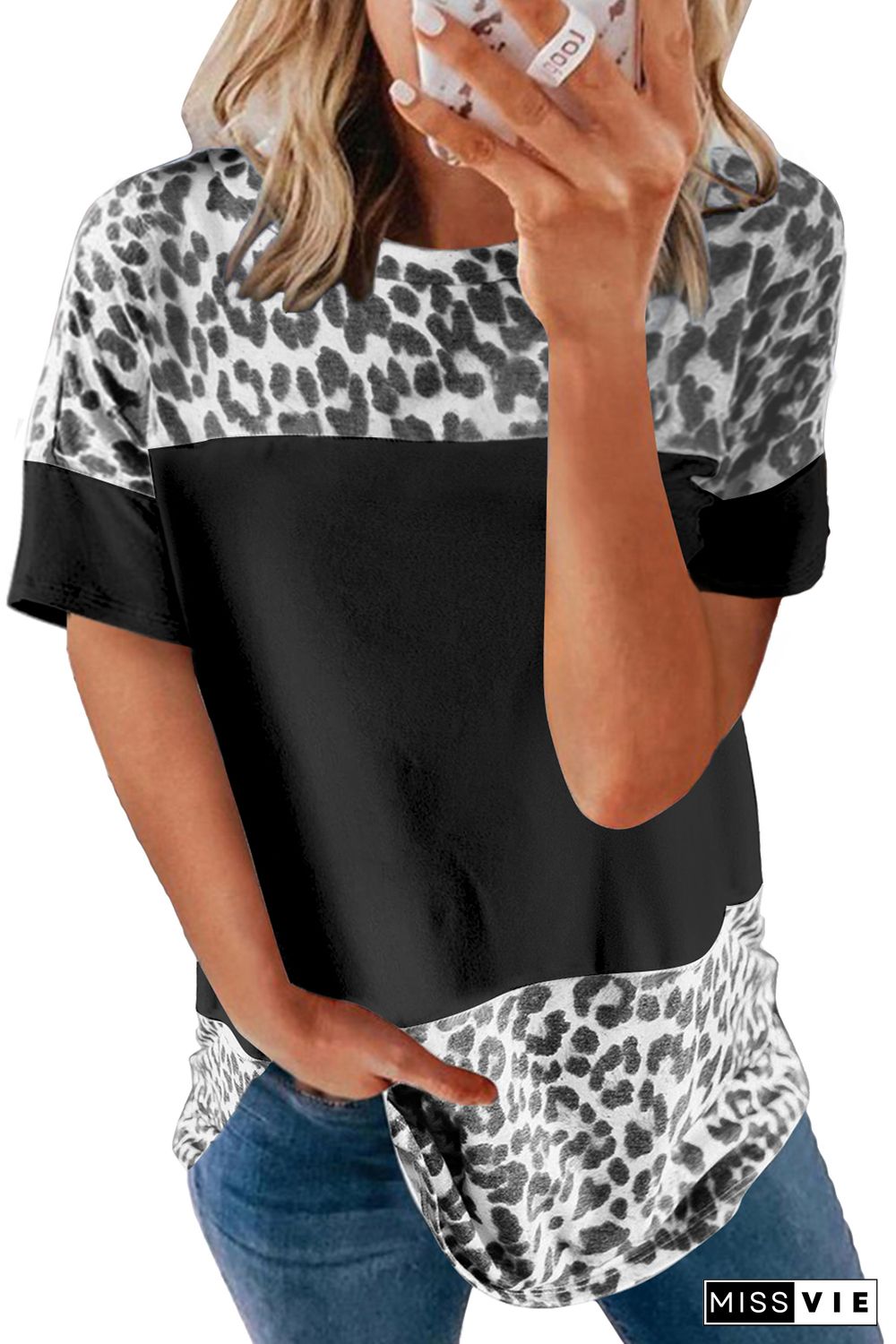 Black Fierce Leopard Print Color Blocking Tee