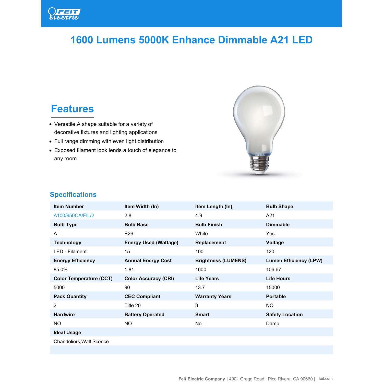 Feit Enhance A21 E26 (Medium) Filament LED Bulb Daylight 100 Watt Equivalence 2 pk