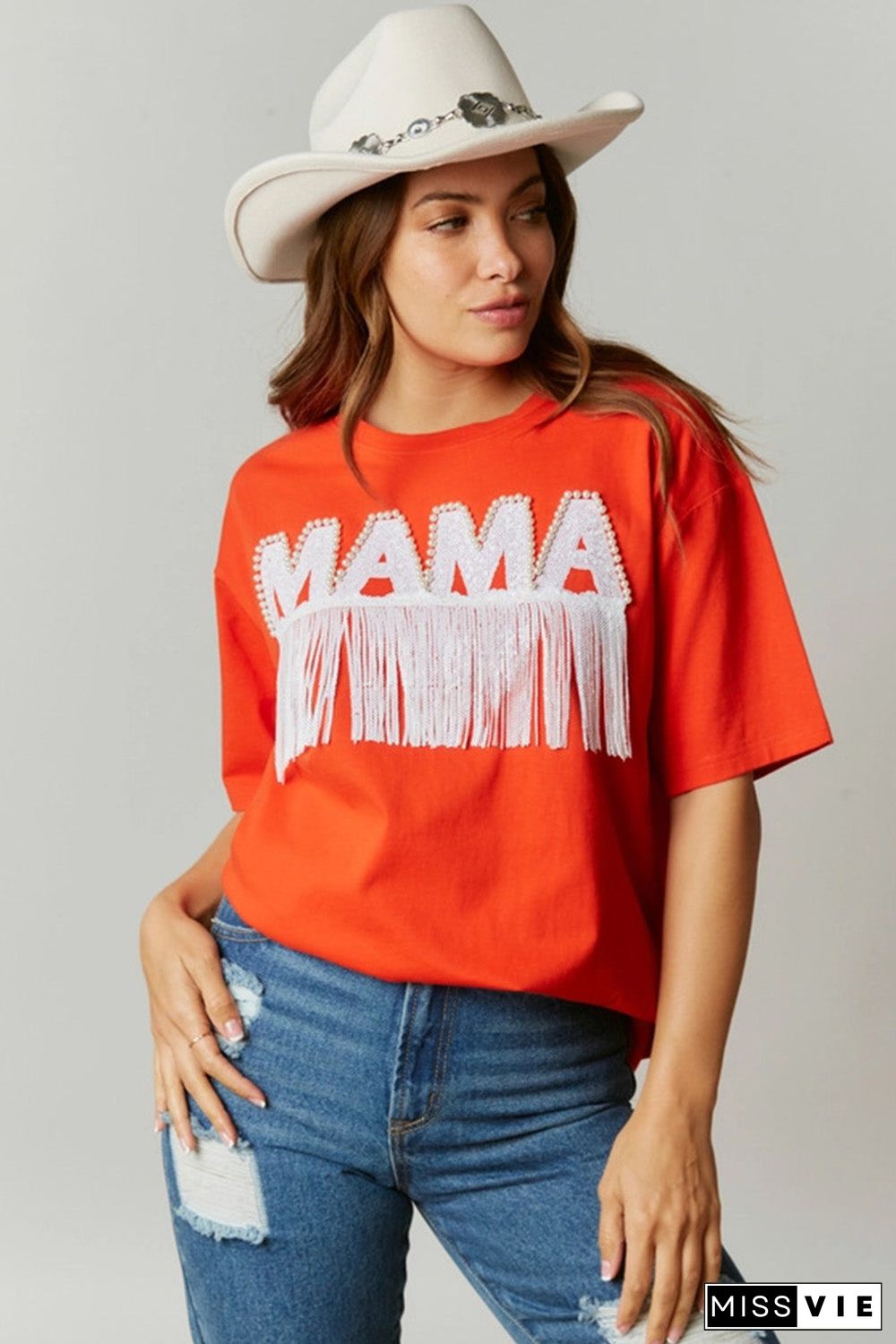 Orange Fringe Trim Beaded MAMA Lettering Oversize T Shirt