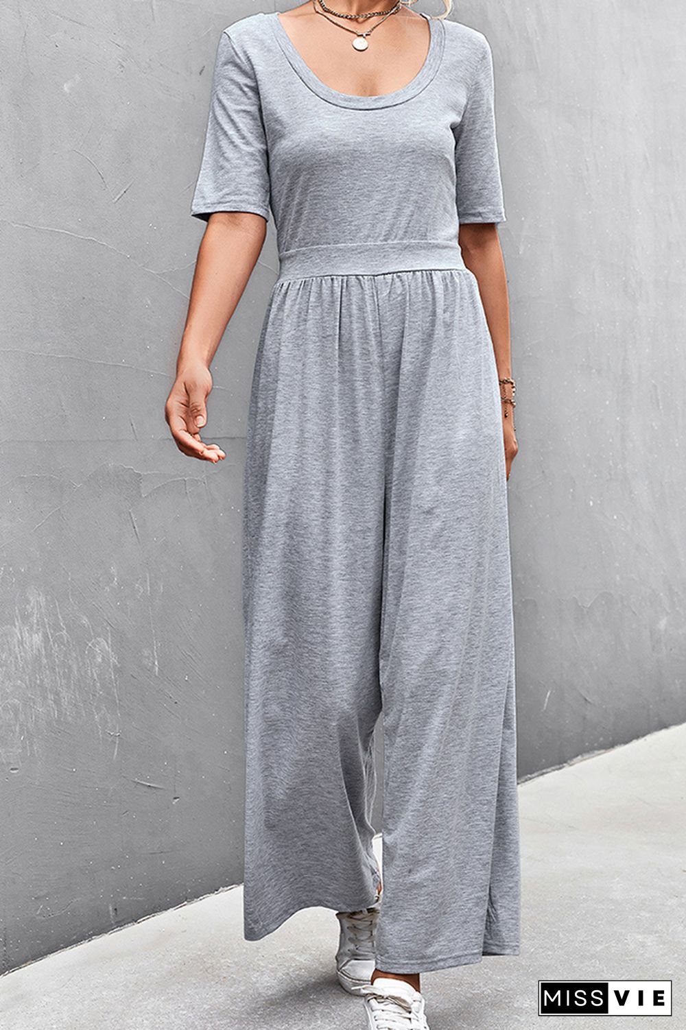 Solid Color Short Sleeve Wide Leg Jumpsuit Wholesale