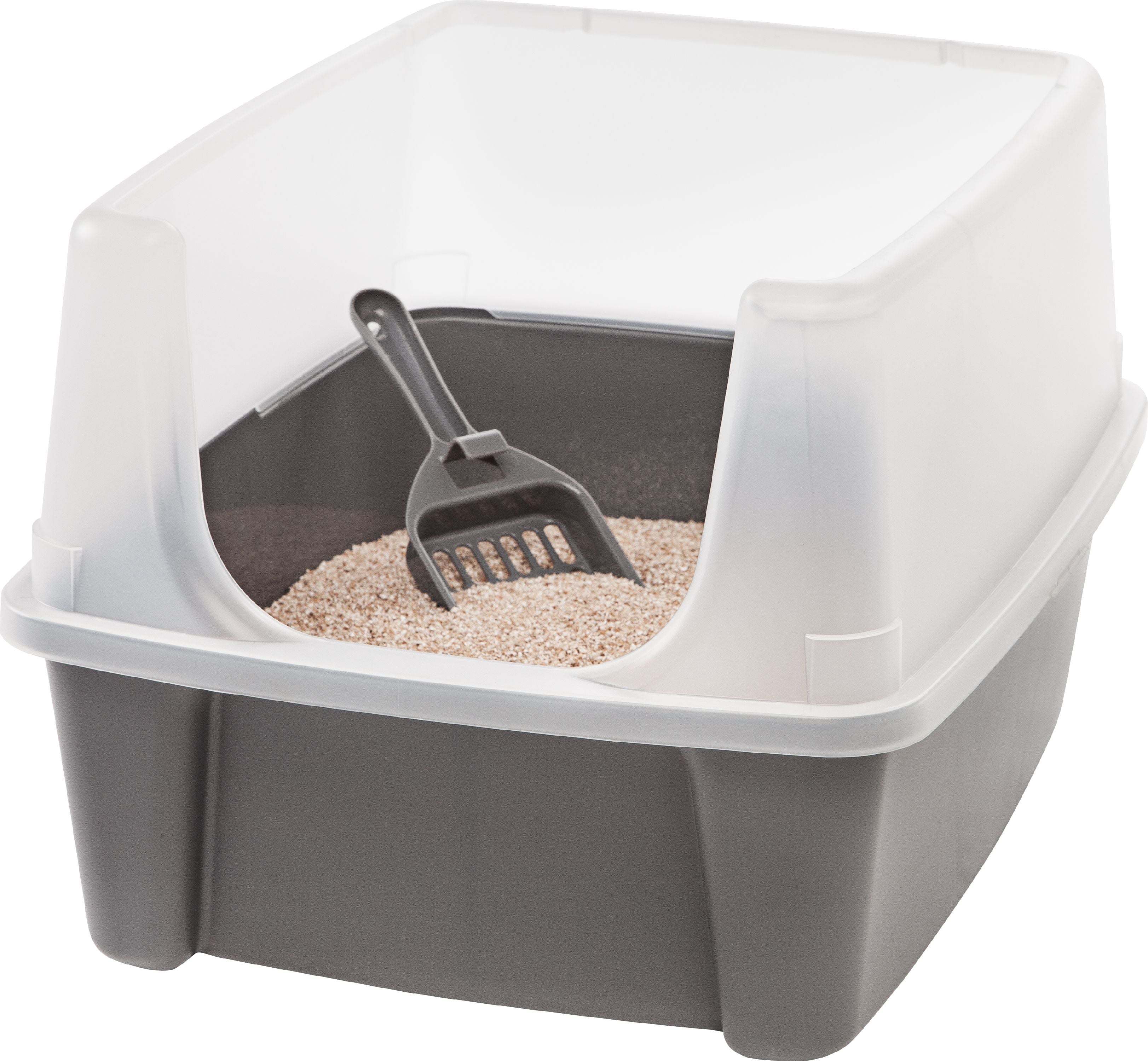 IRIS USA， Open-Top Cat Litter Box with Shield and Scoop， Dark Gray