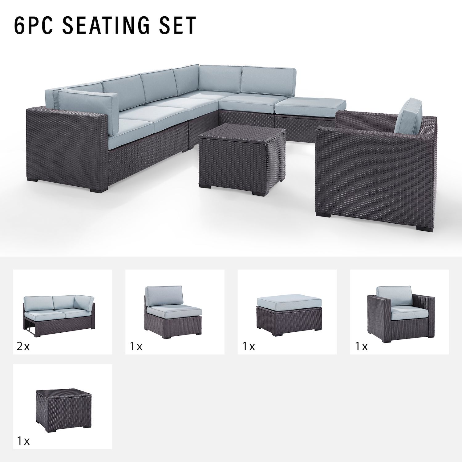 Crosley Furniture Biscayne Patio Wicker Loveseat， Chair， Coffee Table and Ottoman 6-piece Set