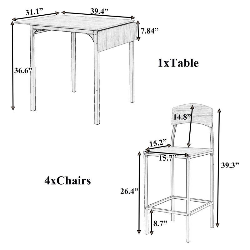 Rustic Farmhouse 5 Piece Counter Height Drop Leaf Dining Table Set with 4 Dining Chairs  Metal Frame Wood Top Dining Set