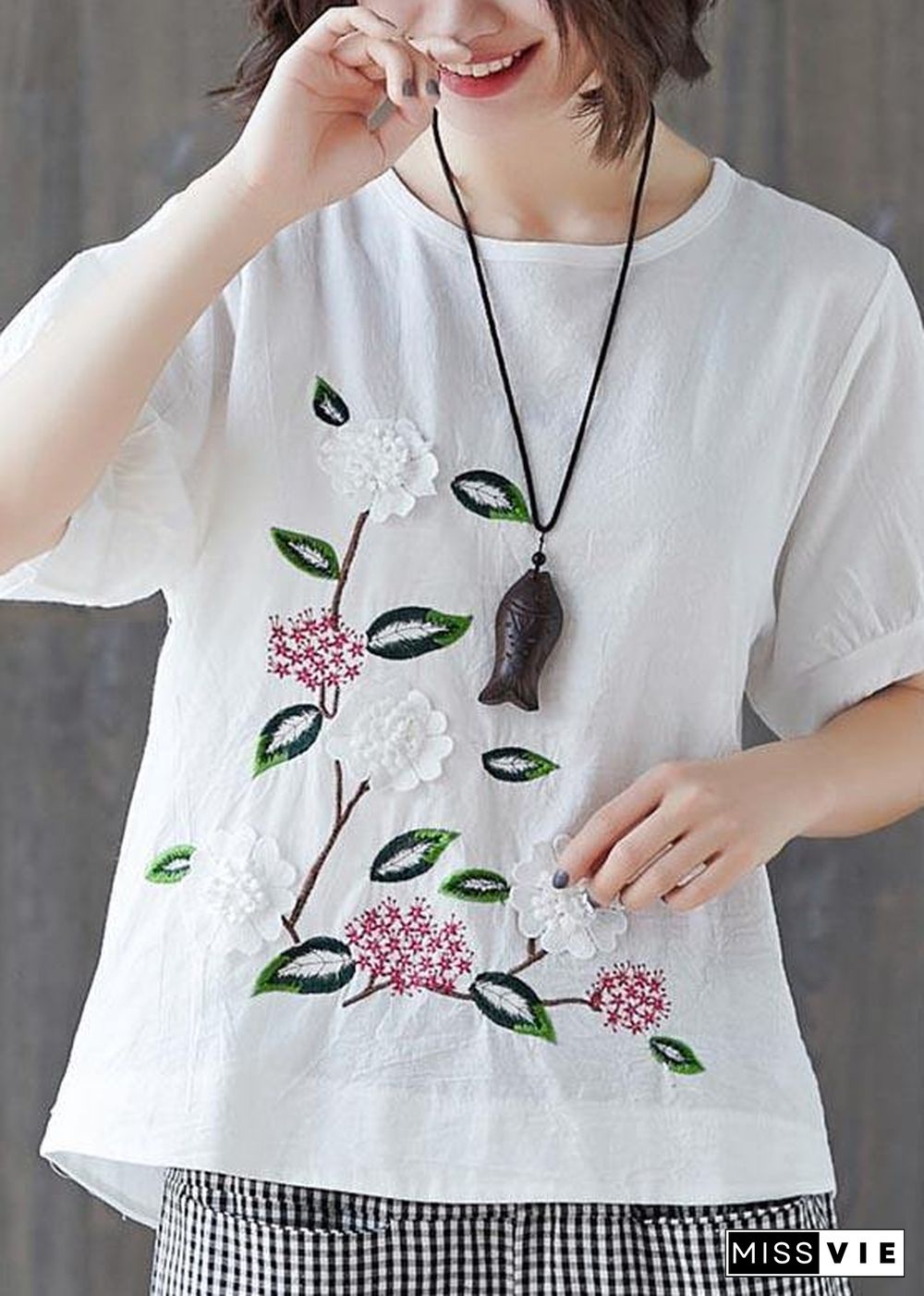 Loose White Embroideried Floral Cotton Linen Tees Summer