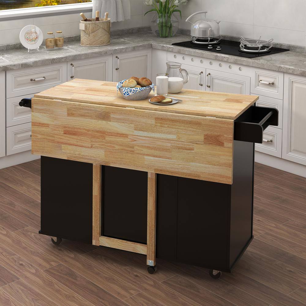 Tileon Black Kitchen Island with Spice Rack Towel Rack and Extendable Solid Wood Tabletop AYBSZHD308