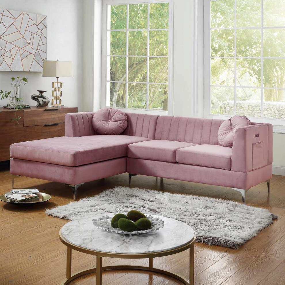 Chloe Pink Velvet Sectional Sofa Chaise With Usb Charging Port   Midcentury   Sectional Sofas   by BisonOffice  Houzz