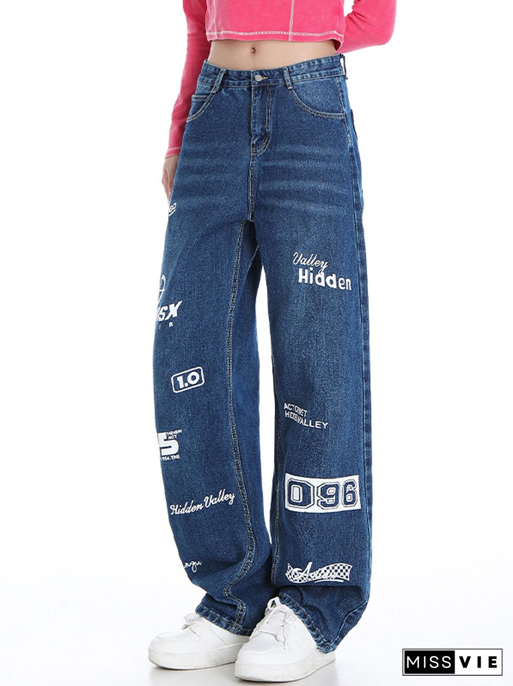 Vintage Letter Print High Rise Boyfriend Jeans