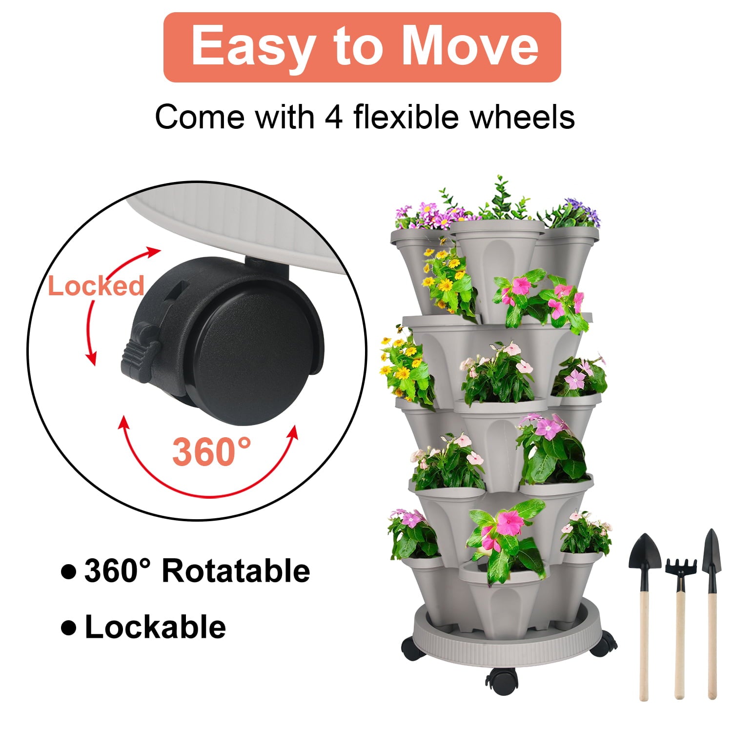 5 Tier Vertical Garden Plastic Planter, Stackable Strawberry and Herb Pots with Saucer for Vegetable Flower Plants, Gray