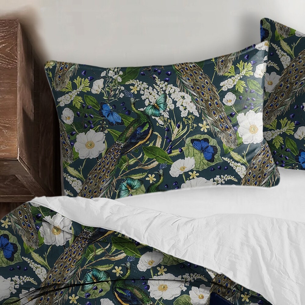 Peacock Print Teal/Navy Comforter   Pillow Sham Set.