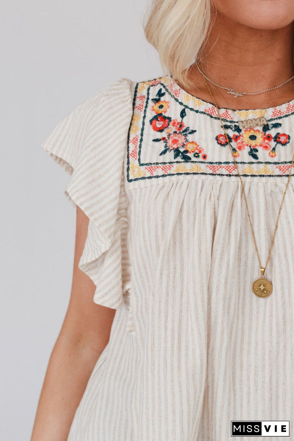 Stripe Ruffled Sleeve Embroidered Blouse