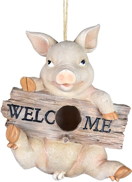 Exhart Hand Painted Pig with Welcome Sign Hanging Resin Bird House