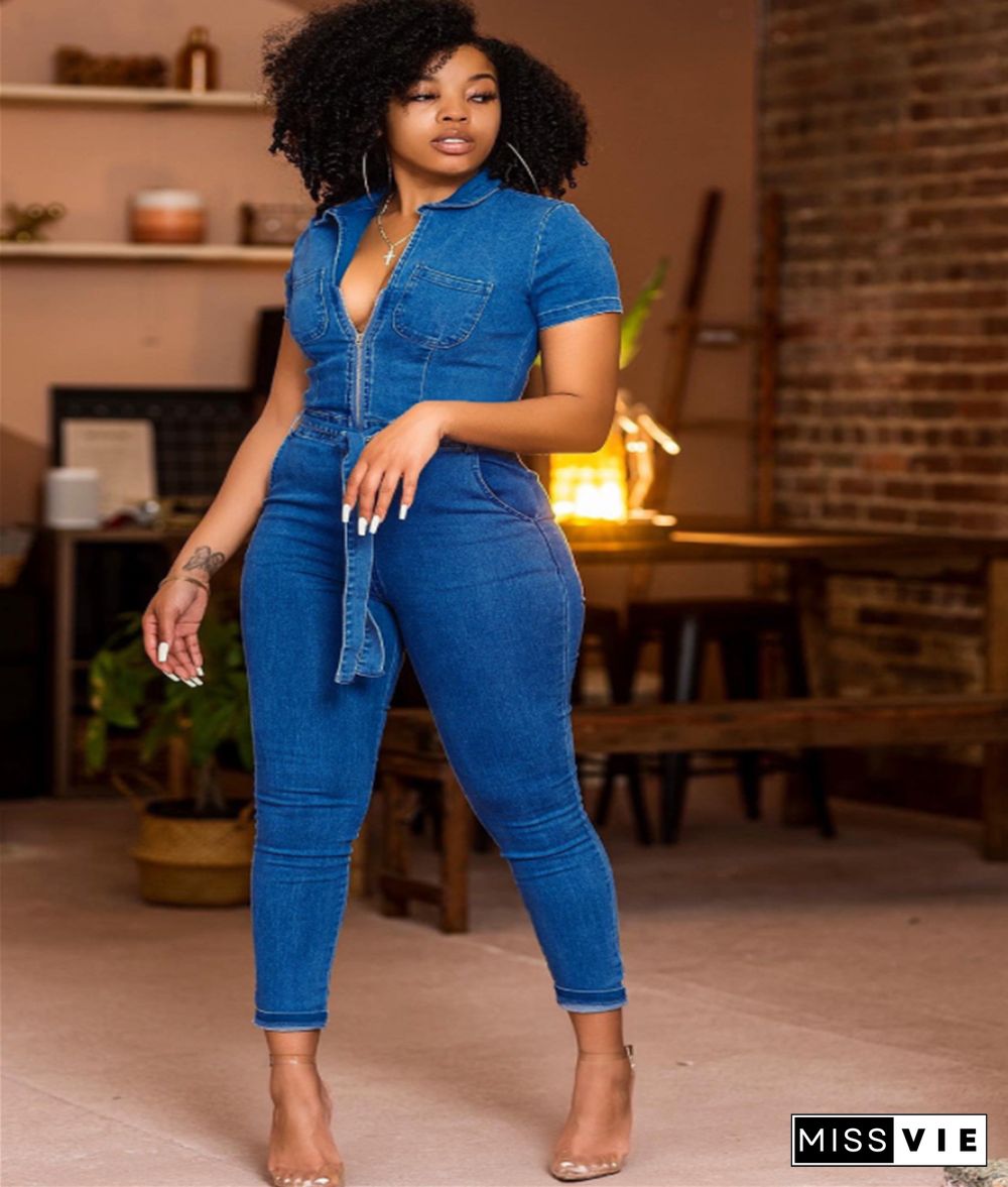 Short Sleeve Lapel Zipper Lace-up Denim Jumpsuit