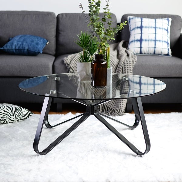 Round Accent Center Table Modern 31.5-inch Black Coffee Table with Tempered Glass Tabletop End Table with Metal Coating Legs