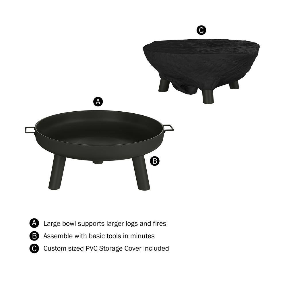 Pure Garden 27.5 in. W x 13.5 in. H Round Steel Wood Burning Outdoor Fire Pit with Storage Cover HW1500256