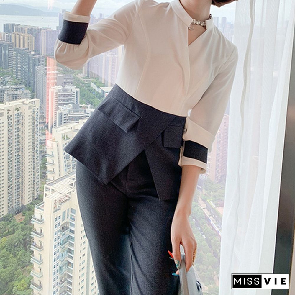 Designer Autumn Suit Women Pants 2 Piece Set Elegant Office Lady Outfits Hit Color Blouse And Pants Fashion Sets