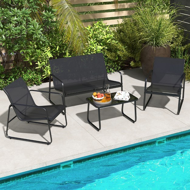 Costway 4 Pieces Patio Furniture Set Outdoor Tempered Glass Coffee Table Chair Loveseat