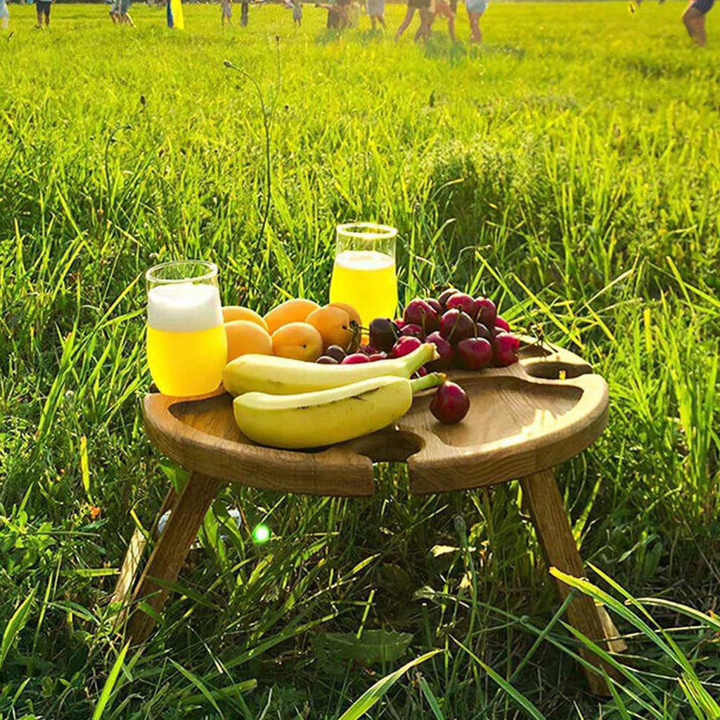 TINYSOME Portable Round Wooden Outdoor Folding Picnic Table Glass Holder Garden