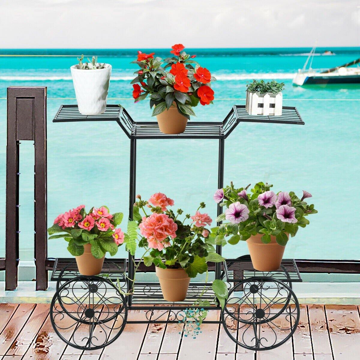 6-Tier Outdoor Garden Cart Metal Flower Rack Display Stand with 4 Wheels