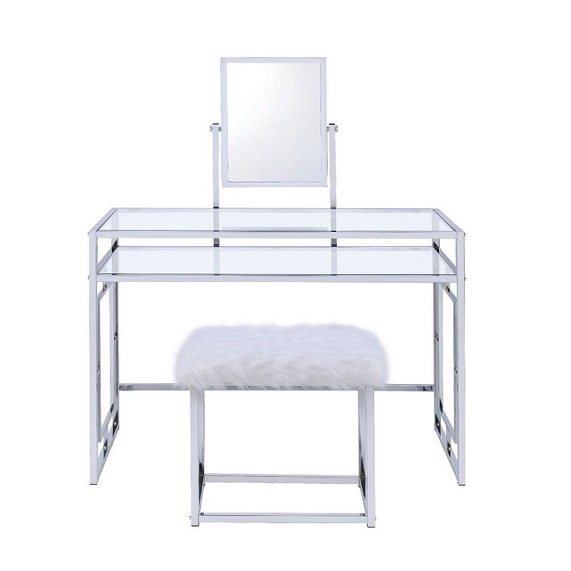 Glass and Metal Vanity Set With Faux Fur Stool， White and Silver