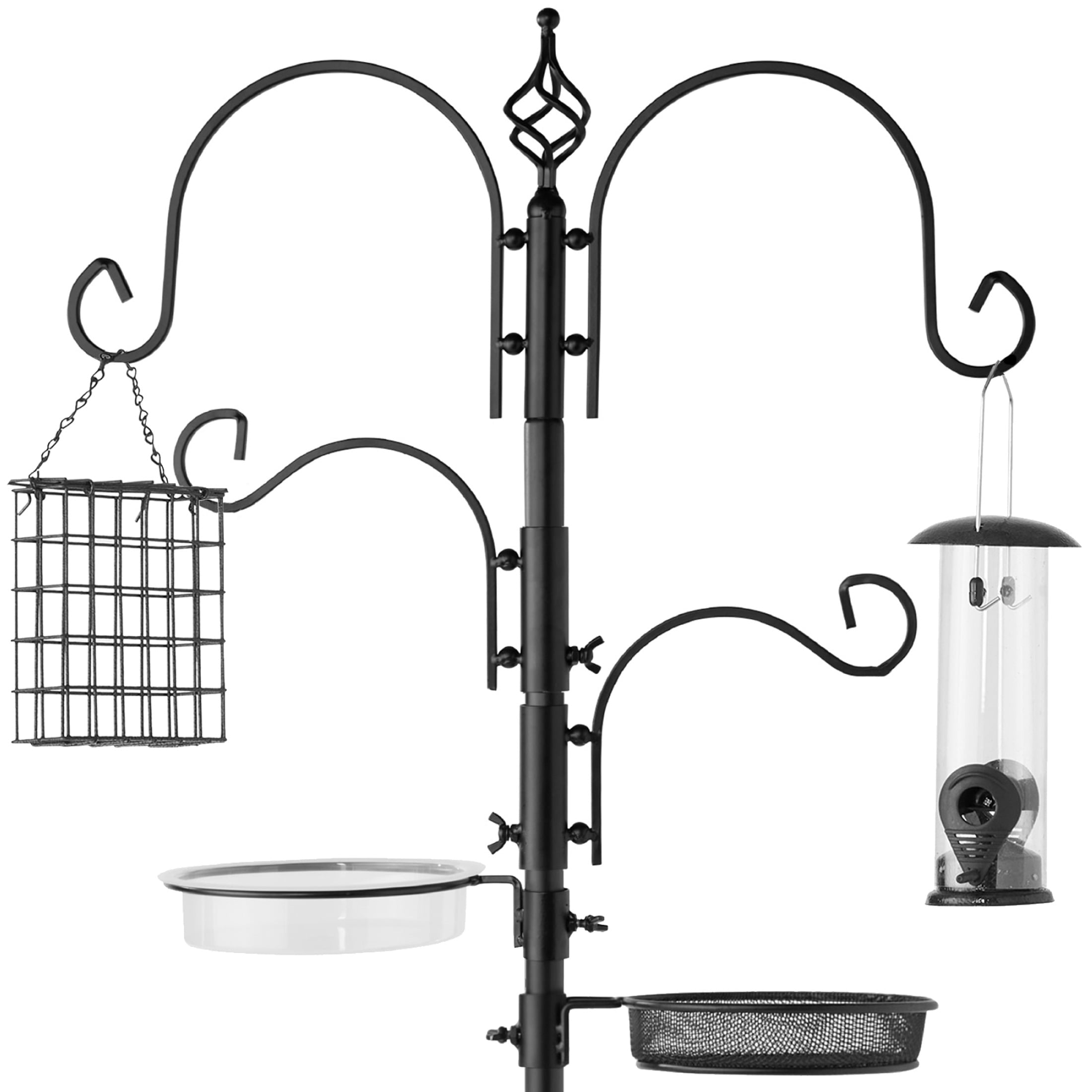 Best Choice Products 91in 4-Hook Bird Feeding Station， Steel Multi-Feeder Stand w/ 2 Feeders， Tray， Bird Bath - Black