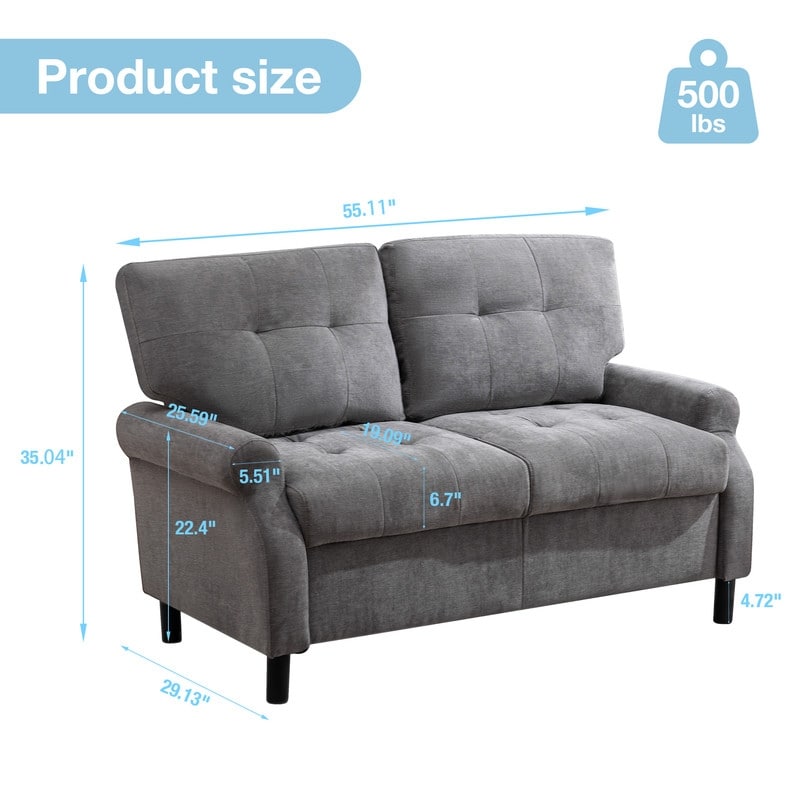 Modern Fabric 2 Seat Sofa  Upholstered Wooden Frame 2 Cushion Design Loveseat Furniture for Living Room  Grey Soft Couch