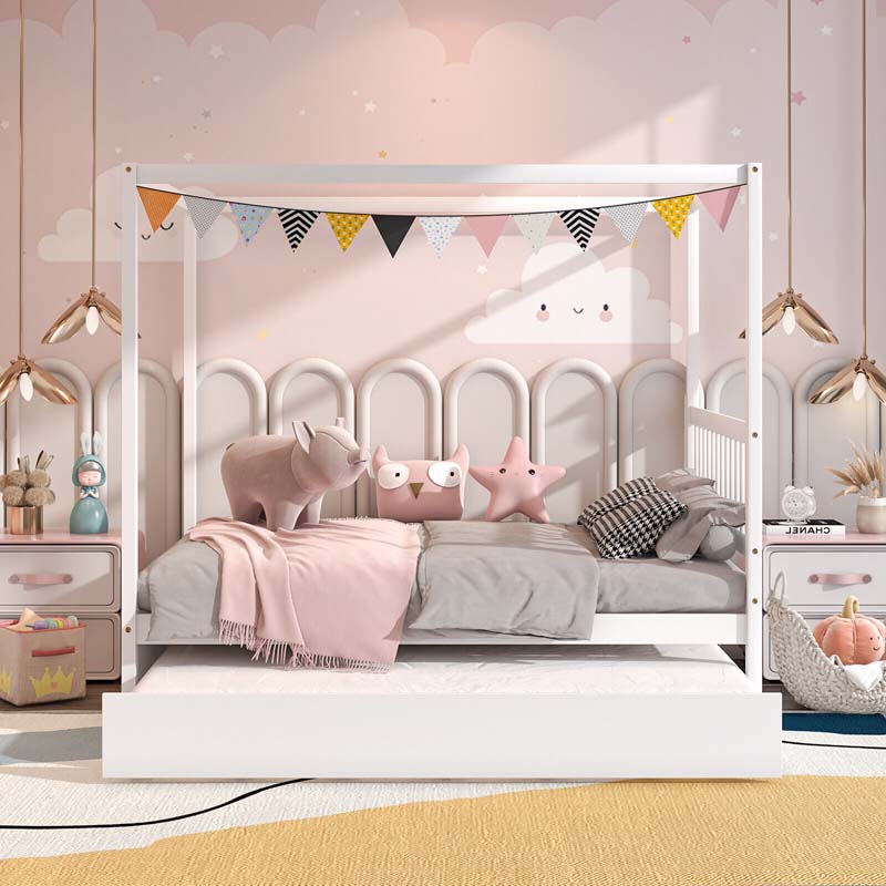 Full Size Canopy Bed with Trundle, Solid Wood Platform Bed Frame with Headboard, Full Bed for Kids Teens Adults