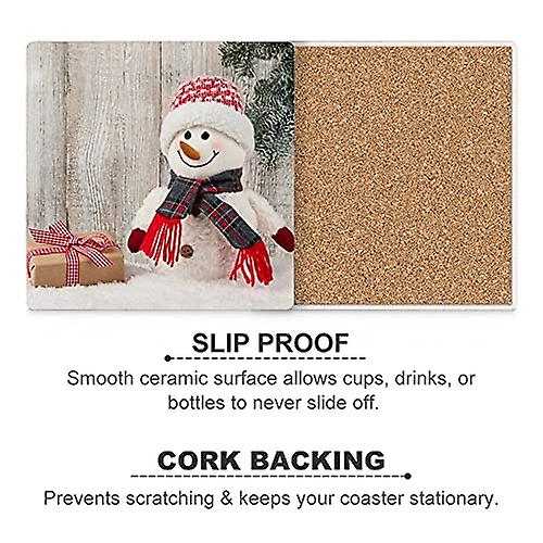 Colourlife Snowman And Gift Box On Snow Printed Square Ceramic Coaster For Drinks With Cork Base For Coffee Cups Place Mats For Home Decor Set Of 4 Pi